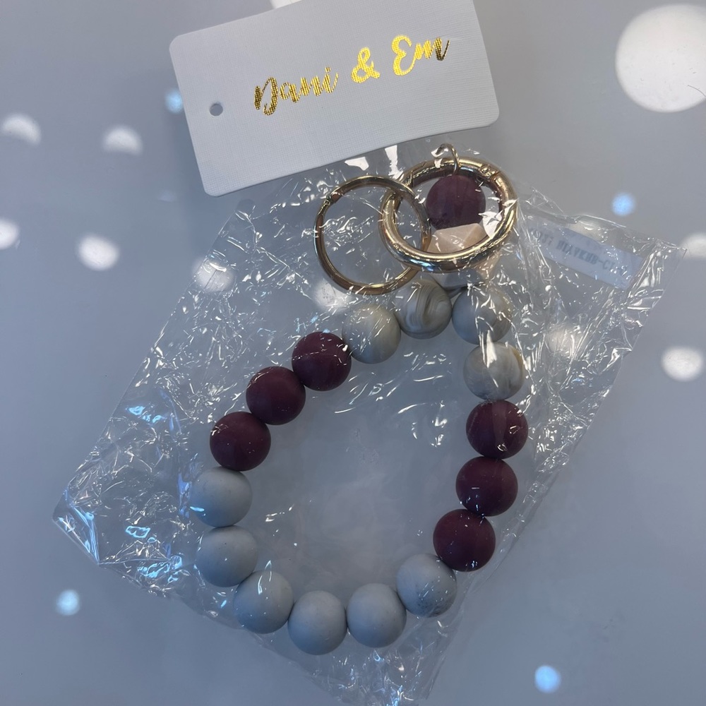 Cute Wine Grey Marble and Wooden Beaded Keyring Bracelet